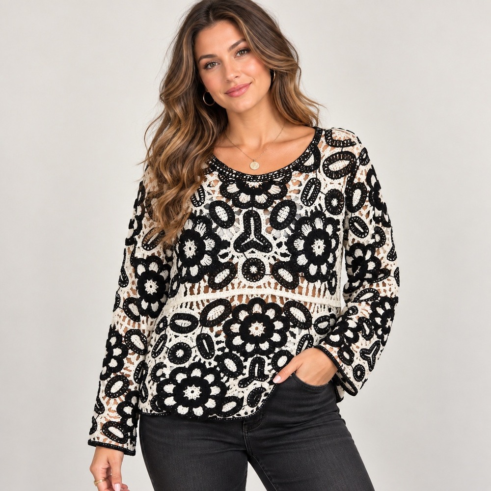 Y2K Boho Cato Women L Crochet Sweater Top Black Ivory Open Knit Festival Cottage